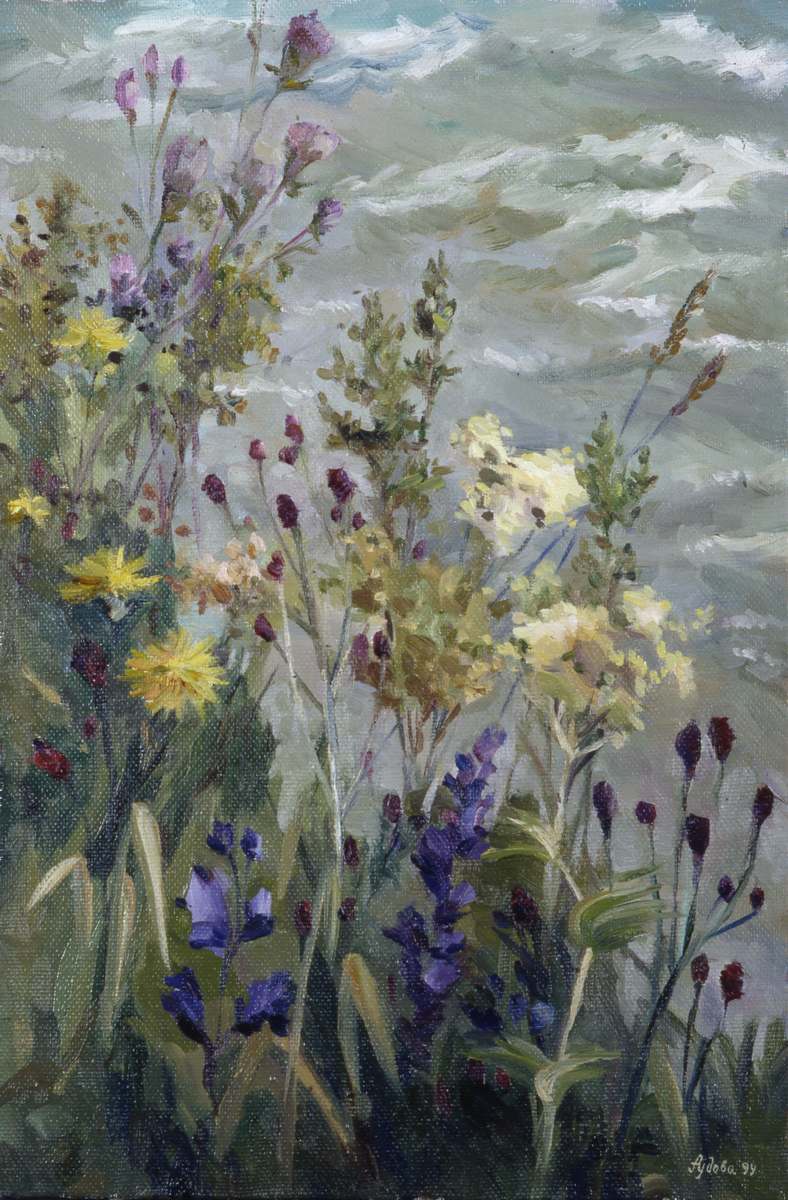 Цветы над речкой. Алтай (1999). 60x40. Холст, масло.