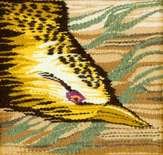 Жёлтая цапля высматривает лягушек (2009). 30х30. Шерсть, х/б, иск. волокна. Ручное ткачество.